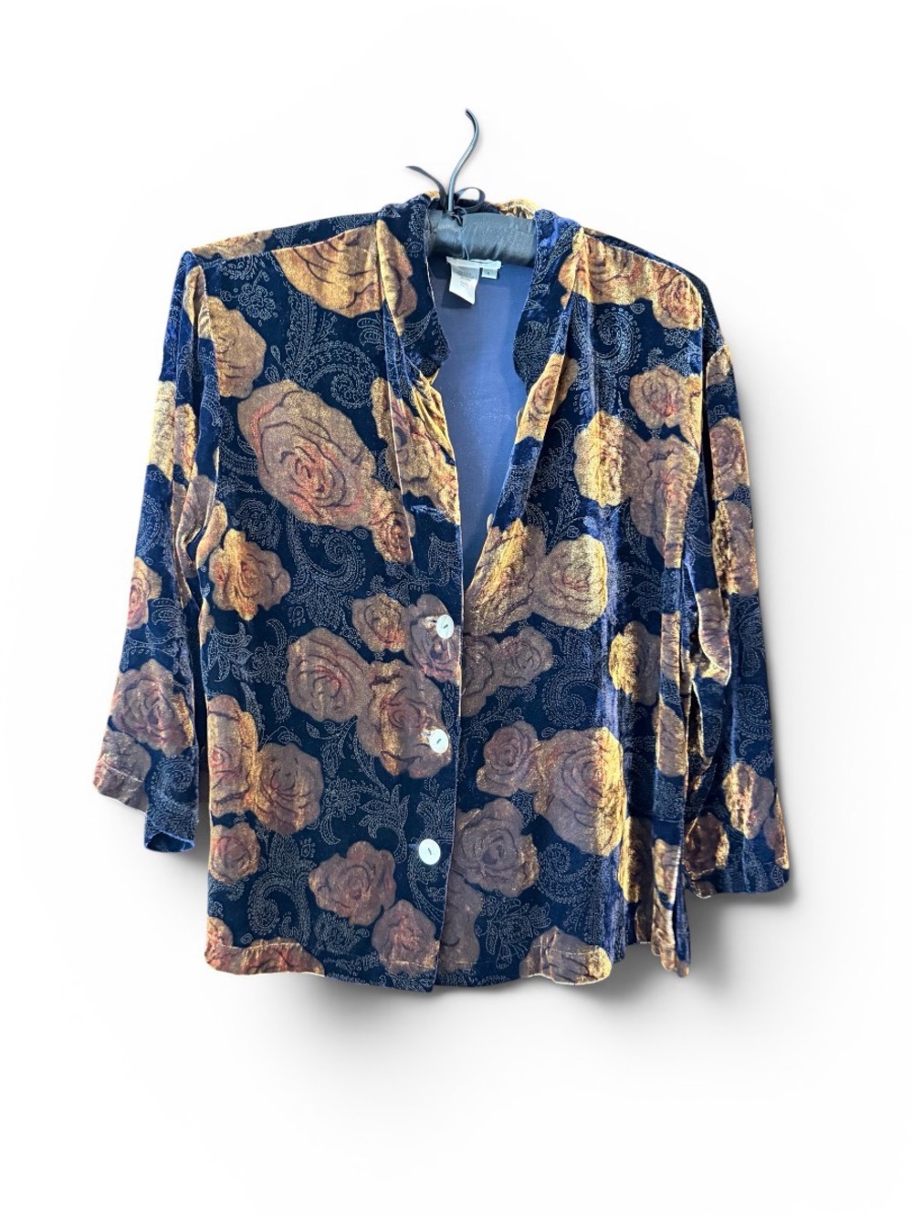 Navy  Silk Velvet Button-Front Top with Gold Floral Oversize  Drop Neck